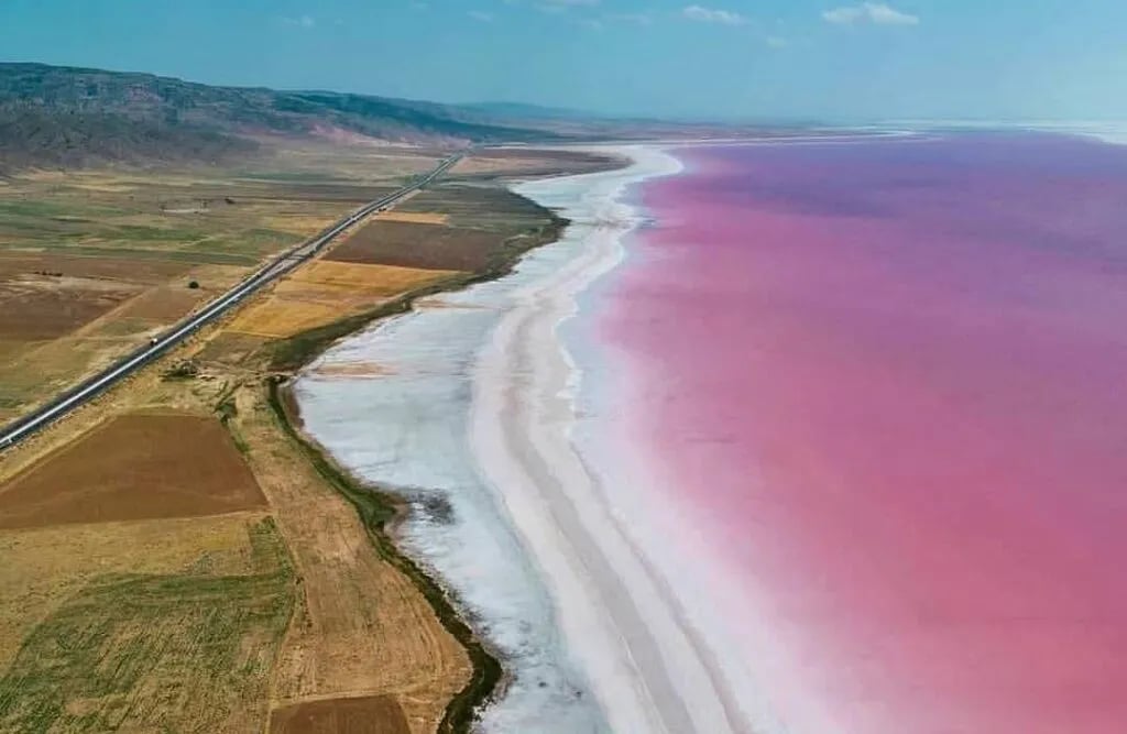 Pembe tonlarıyla Tuz Gölü kıyı şeridi, havadan