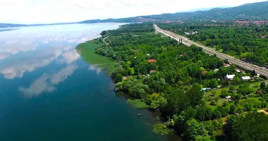 Sapanca Gölü kıyısı, yeşillik ve geçen otoyol, havadan