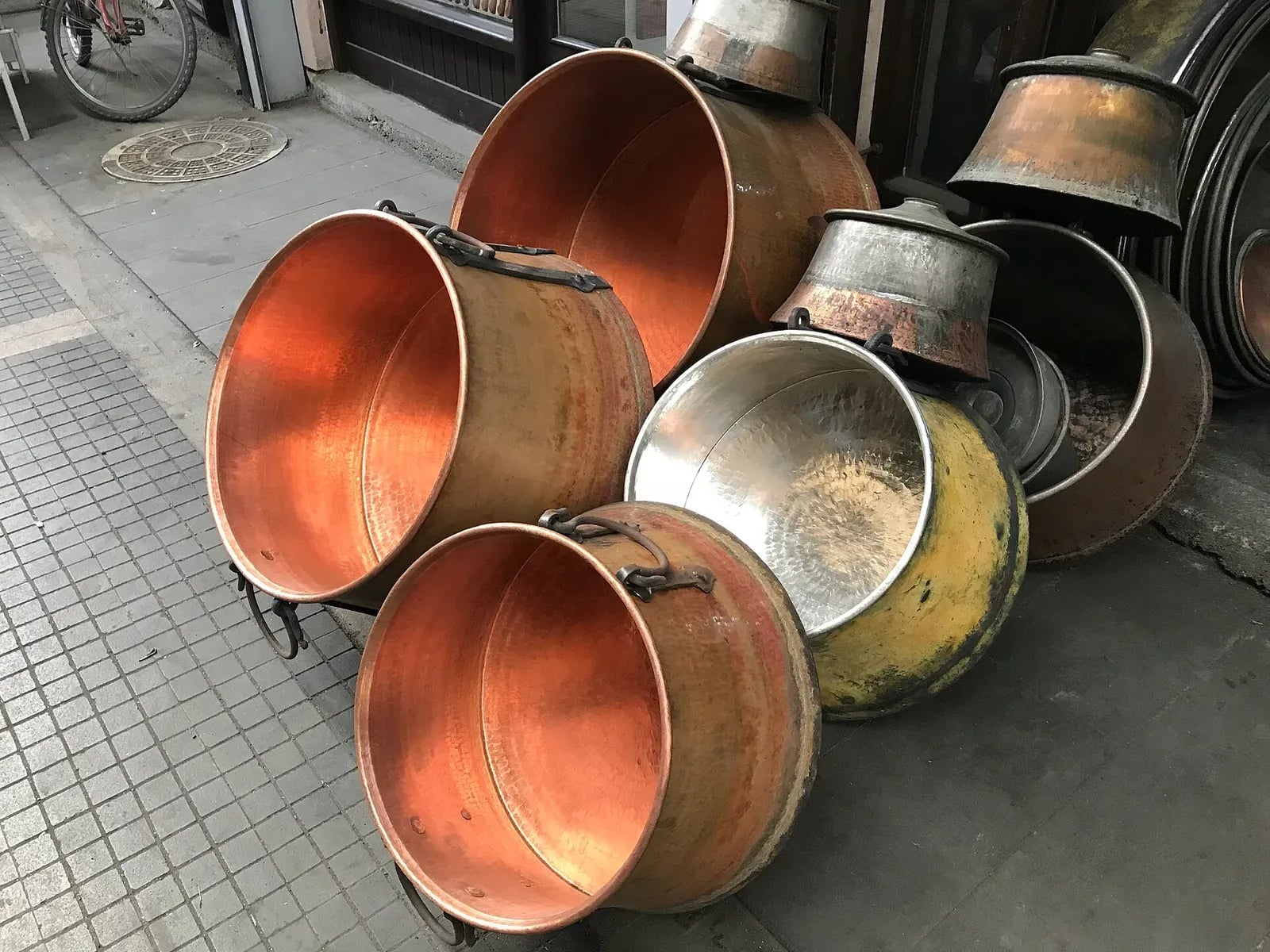 Malatya; Copper boilers displayed for sale in the Coppersmiths’ Bazaar in the downtown of Malatya i