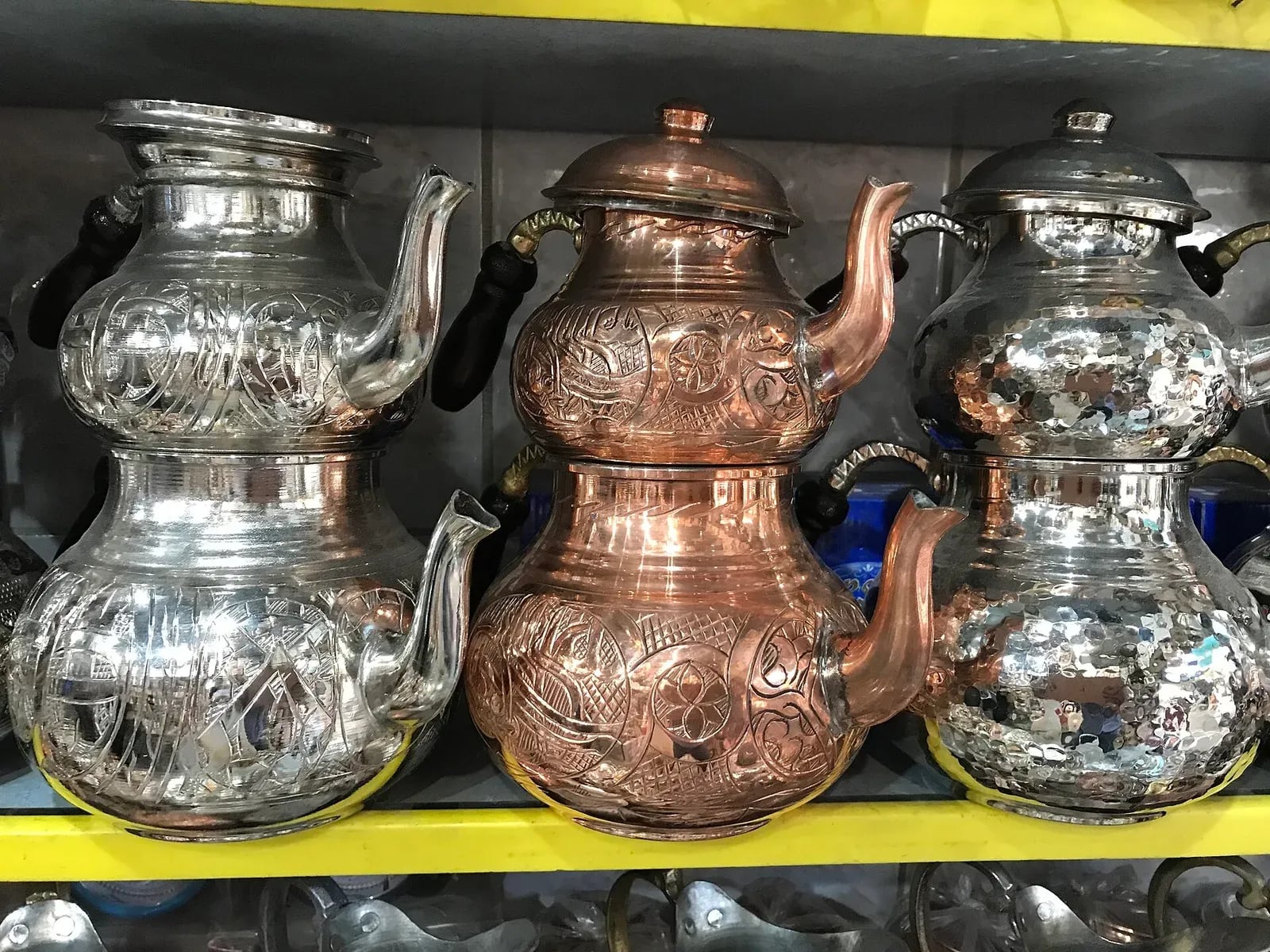 Malatya; Copper teapots displayed for sale in the Coppersmiths’ Bazaar in the downtown of Malatya i