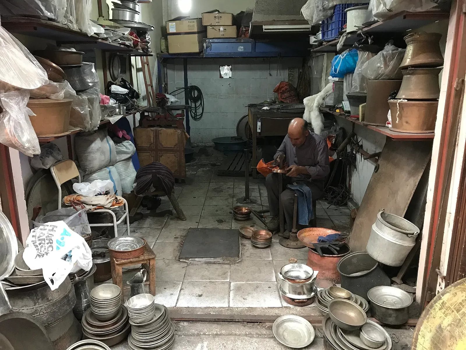 Malatya; A coppersmith shop in the Coppersmiths’ Bazaar in the downtown of Malatya in Turkey