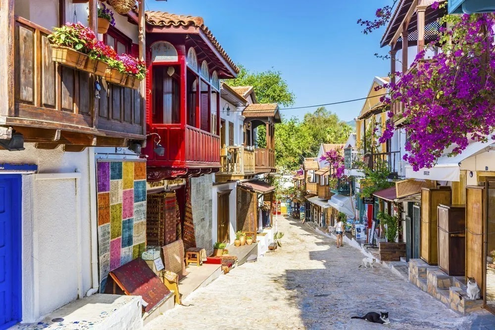 Kaş'ta begonvilli, cumbalı evlerin sıralandığı taş döşeli sokak