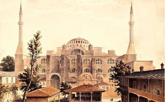 Ayasofya'nın minarelerle birlikte 19. yüzyıl gravürü