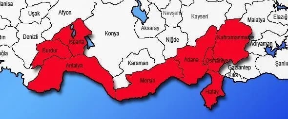 Akdeniz Bölgesi illerini kırmızıyla gösteren Türkiye haritası