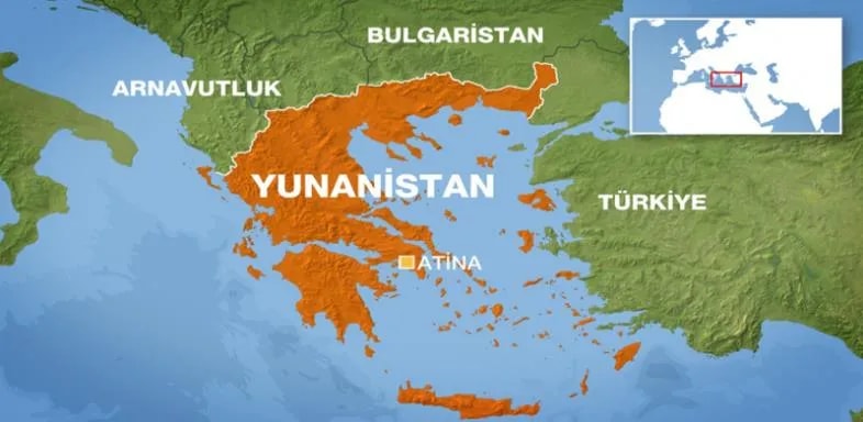 Yunanistan'ı ve Ege Denizi'ndeki adaları gösteren harita