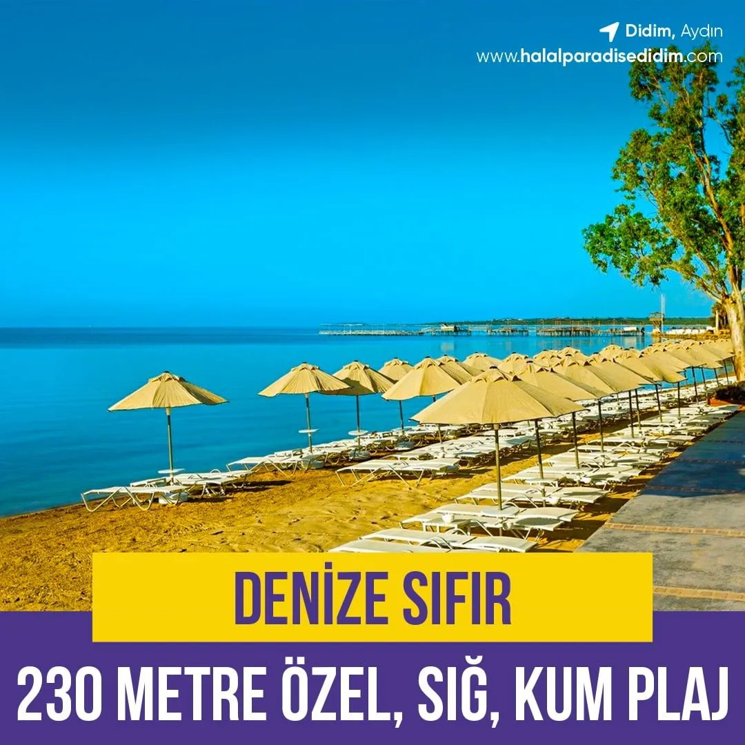 Tesis tanıtım görseli: şemsiyeli kumsal ve "denize sıfır, 230 metre plaj" yazısı
