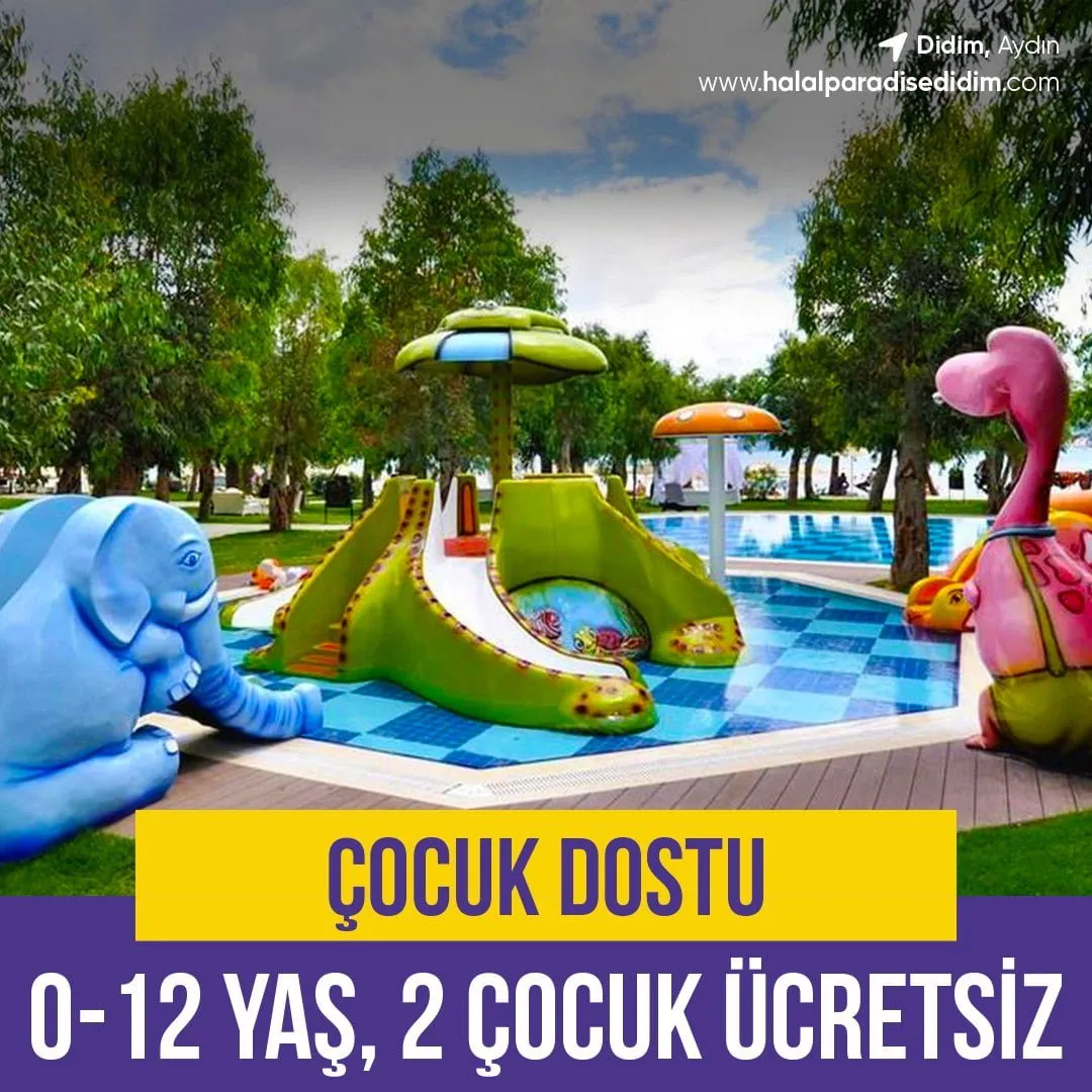 Tesis tanıtım görseli: fil ve dinozor figürlü çocuk havuzu, "0-12 yaş ücretsiz" yazısı