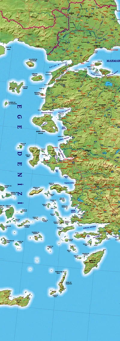 Ege Denizi fiziki haritası: Türkiye kıyı şeridi, körfezler ve Yunan adaları