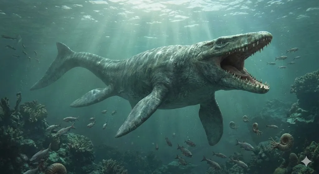 Mosasaurus hoffmanni canlandırması: su altında dev çeneli deniz sürüngeni, çevresinde balıklar ve ammonitler