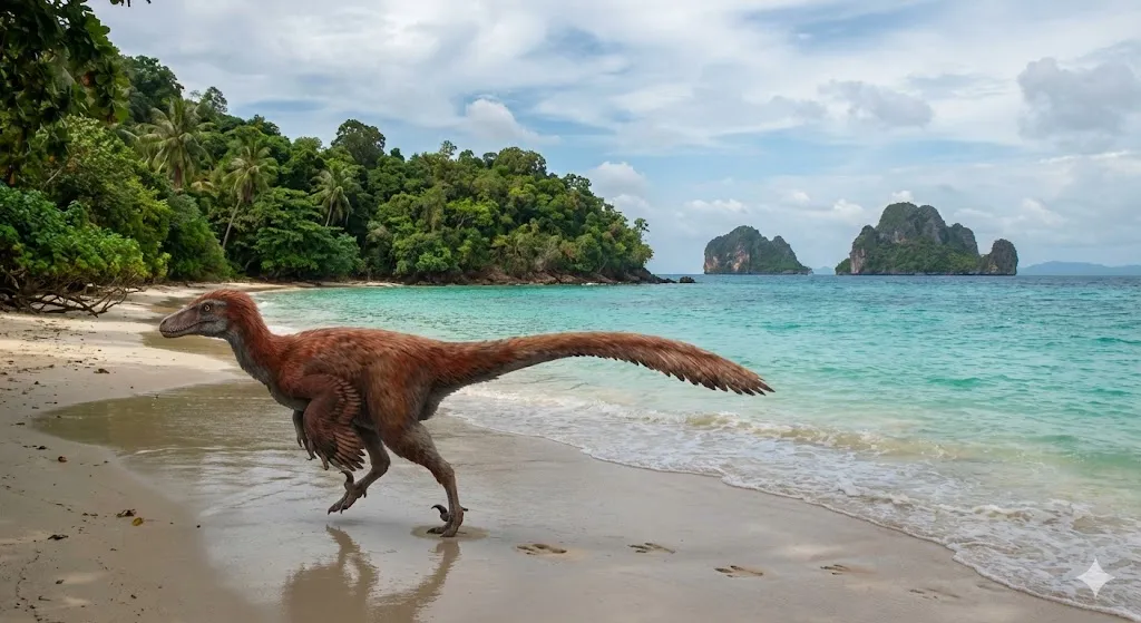 Tüylü theropod dinozor canlandırması: kumsalda yürüyen uzun kuyruklu etçil dinozor